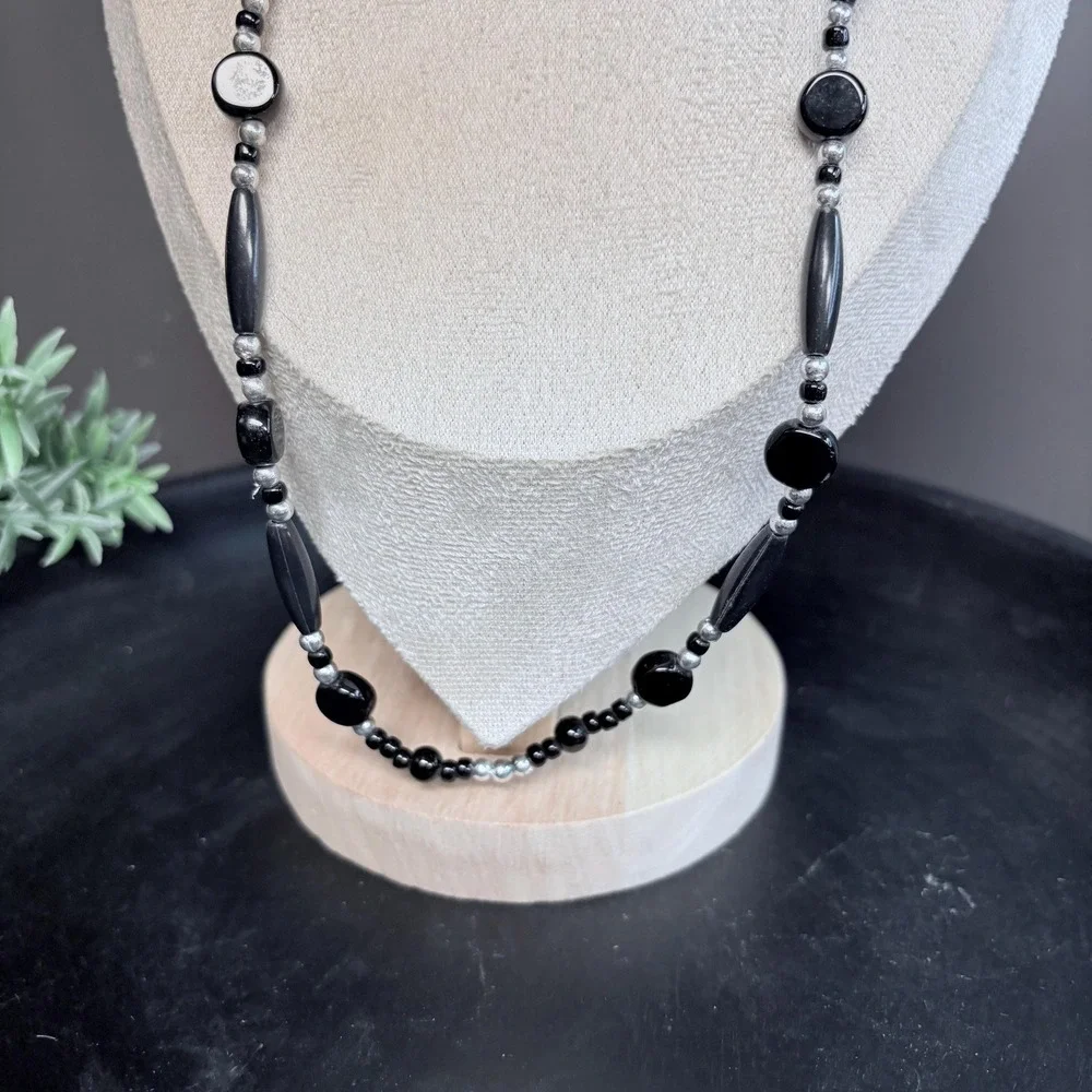 Black & Silver Beaded Necklace 22 In | Toggle | Gothic Minimalist | Witchy - Picture 6 of 6